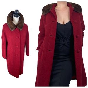 Vintage 50s 60s Red Wool Winter Coat Mink Collar Size M/L Retro Pin Up Jackie O